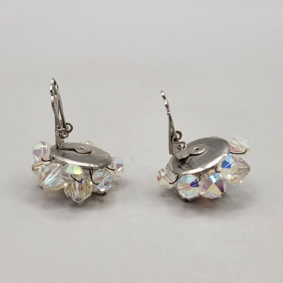 Vintage Clip On Earrings Aurora Borealis Bi-Cone Beads Lightweight Shimmery - Picture 4 of 4
